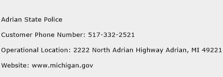 Adrian State Police Phone Number Customer Service