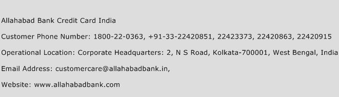 Allahabad Bank Credit Card India Phone Number Customer Service