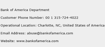 Bank of America Department Phone Number Customer Service