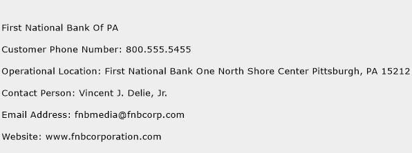 First National Bank Of PA Phone Number Customer Service
