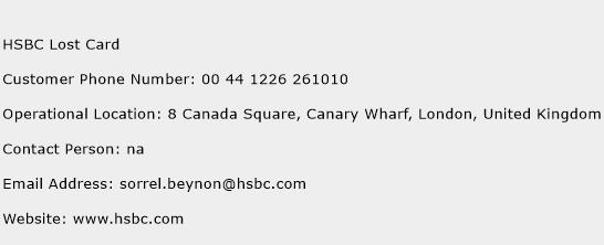 HSBC Lost Card Phone Number Customer Service