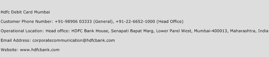 Hdfc Debit Card Mumbai Phone Number Customer Service