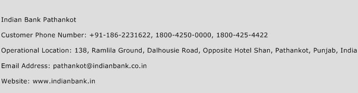 Indian Bank Pathankot Phone Number Customer Service