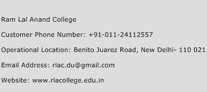 Ram Lal Anand College Phone Number Customer Service