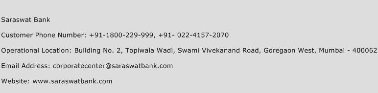 Saraswat Bank Phone Number Customer Service