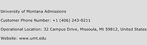 University of Montana Admissions Phone Number Customer Service